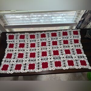 Handmade Red and White Crochet Runner